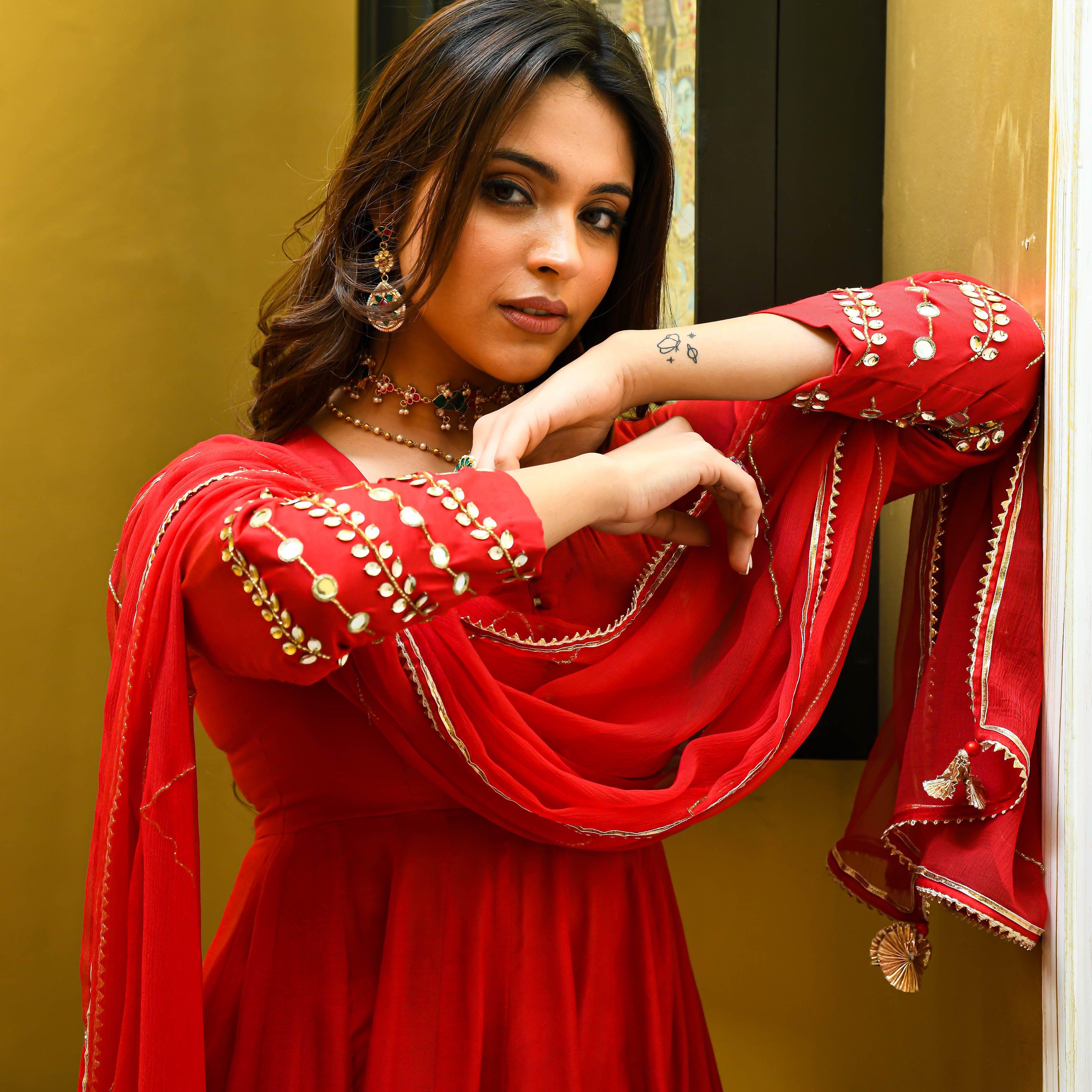 Full Sleeve Silk Anarkali Suit Set with Mirror work